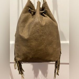 Patricia Nash Brown Leather Fringed Drawstring Crossbody Bag
